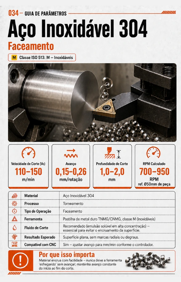 Guia de parâmetros — Aço Inoxidável 304 — faceamento